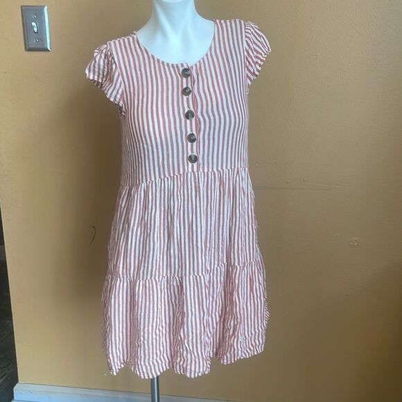 American Eagle Womens XS Flowy Striped Cap Sleeve Short Tiered Dress Red White - Picture 1 of 11